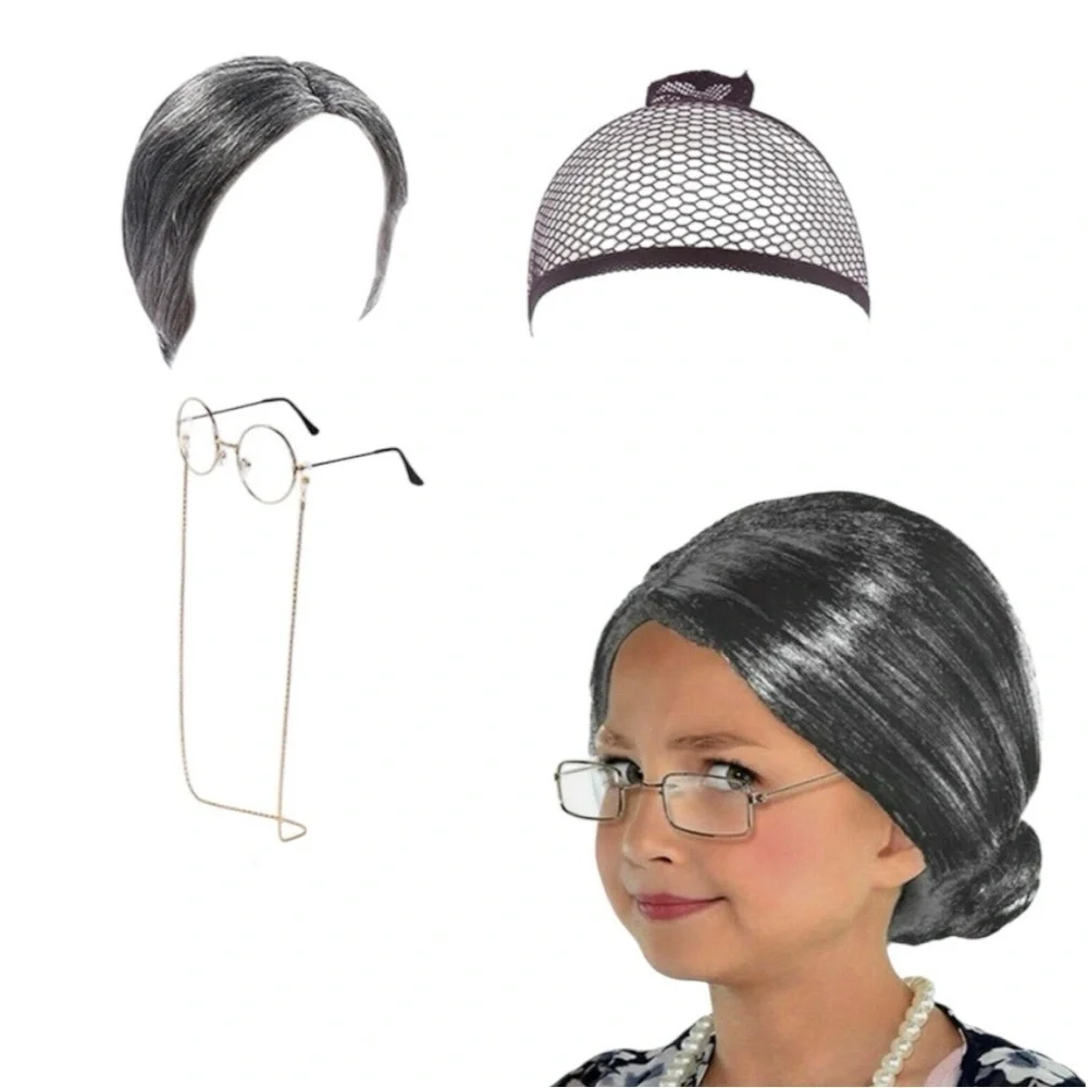 Old Lady Costume Accessories Stylish Silver Wig and Glasses Set for Kids